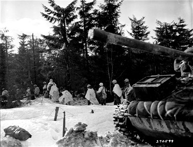 SC 270599 - American soldiers of Co. A, 23rd Infantry Regiment, 2nd Infantry Division, move through Monschau Forest, Germany, to flush out any remaining pockets of German soldiers. 2 February, 1945. photo
