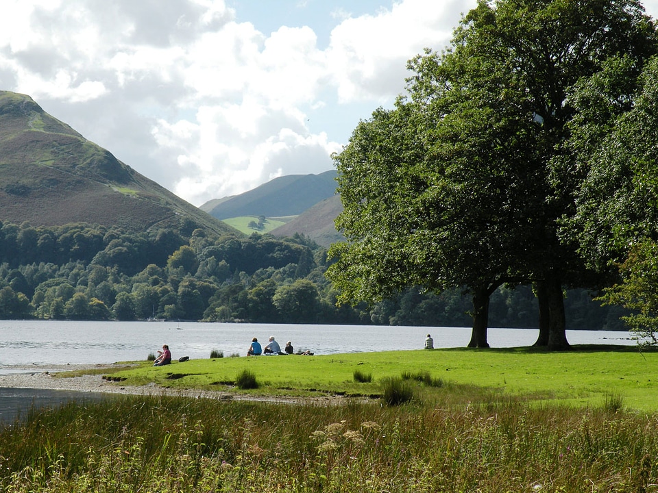 People relaxing by the lake