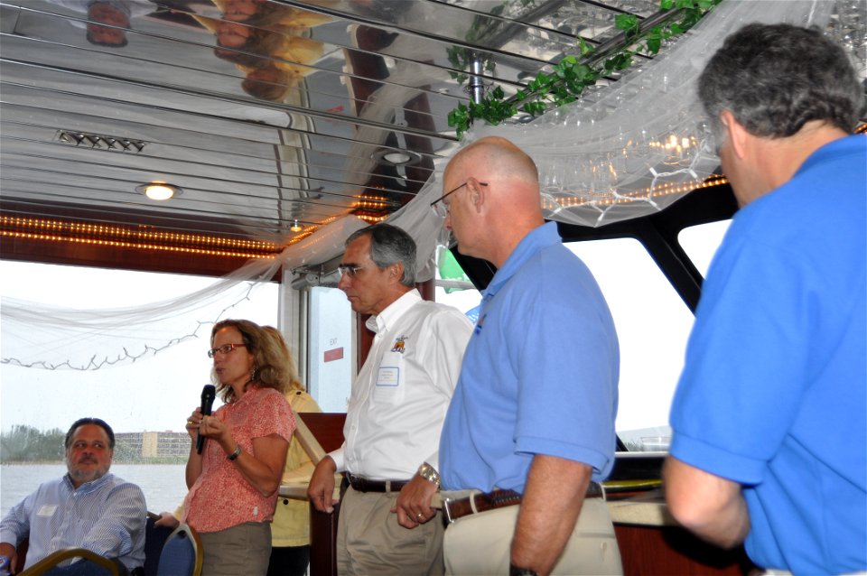 Cathy Stepp, Wisconsin DNR Secretary, Lorna Gleason, Vice-Chair of the Nature Conservancy, Tom Melius, USFWS Midwest Regional Director, and Tom Landwehr, Minnesota DNR Commissioner, welcomed the group to the tour of Clough Island. USFWS Photo.