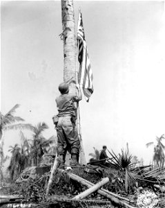 SC 196083-S - Bos'n Mate First Class John E. Brandau, Beach Party, hauls up the American flag on Leyte Island, during the invasion of the Philippines.