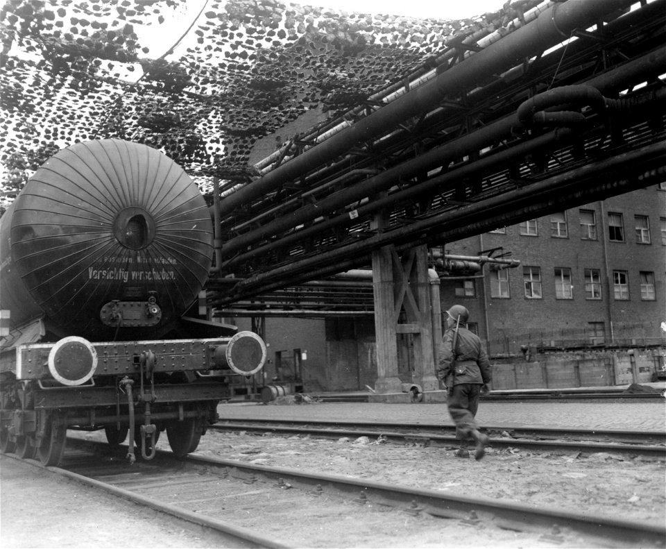 SC 336812 - The Buna (artificial rubber plant) at [illegible], Germany, was taken over by the 2nd Battalion, 291st Regiment, 75th Division, 9th U.S. Army, on March 31st.