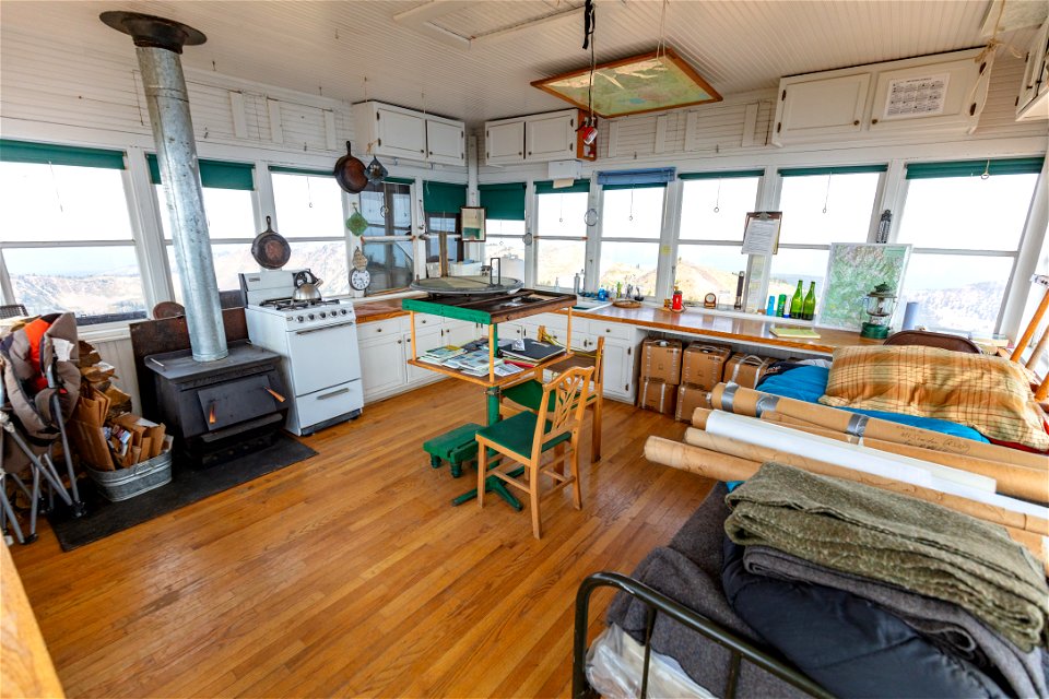 Mt. Sheridan Fire Lookout inside looking north