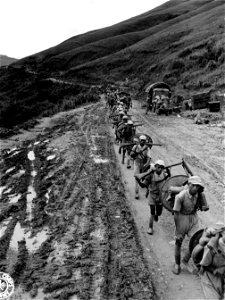 SC 221720 - 54th Army are shown walking down the steep mountain grade to the 600 ft. long foot walk across the wide Red River at Pa-Tu, China.