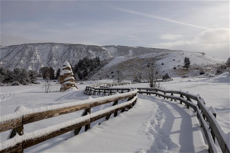 Fresh snow along the boardwalk at the Mammoth Hot Springs Terraces (2)