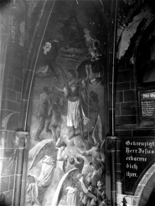 SC 374659 - This militaristic religious painting, depicting uniformed soldiers entering heaven, hangs in wings of Munster church, Munchen-Gladbach area, Germany.