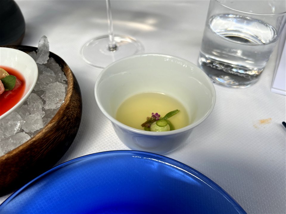 Heirloom Tomato Water with Nopales, Armenian Cucumber Flowering Cucamelon and Ice Lettuce