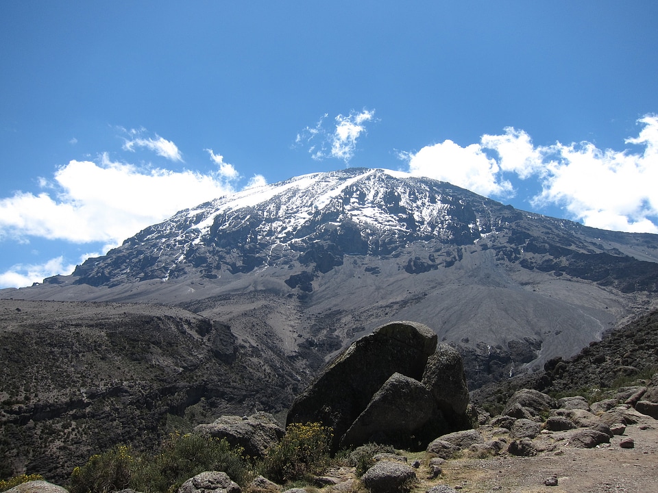 Kilimanjaro mountain Tanzania snow capped under cloudy blue skies
