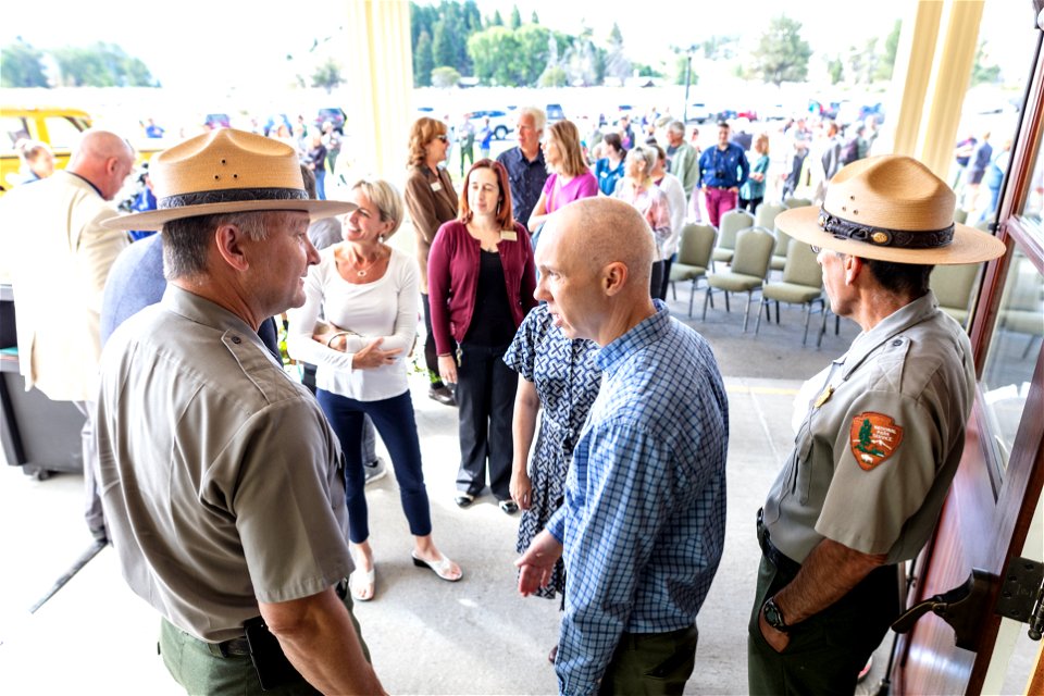 Mammoth Hot Springs Hotel reopening ceremony: Cam Sholly, Mike Keller, and Peter Galindo welcome people to the hotel (3)