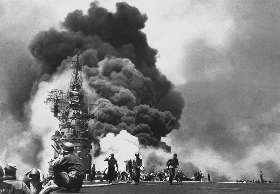 USS Bunker Hill (CV-17) hit by two Kamikazes