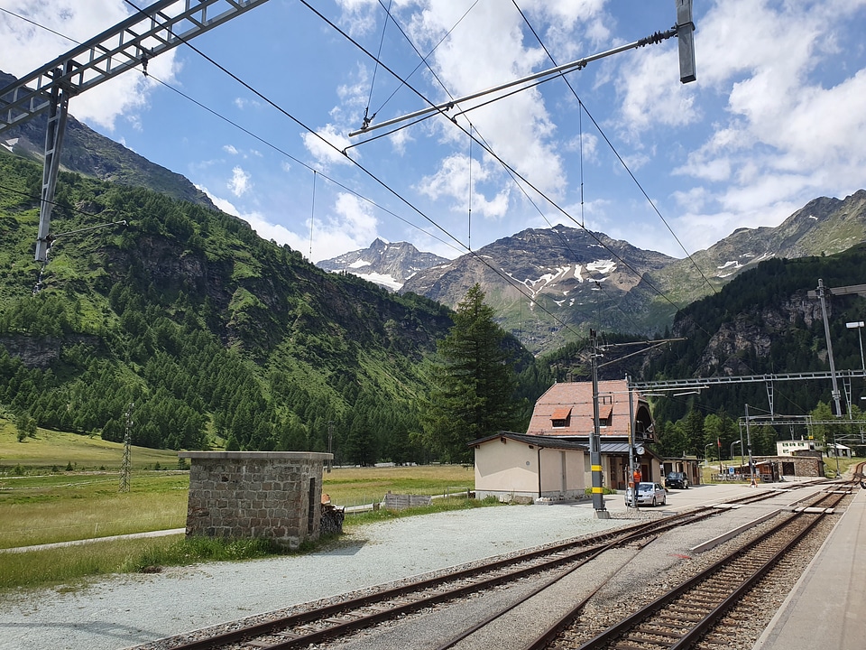 Swiss mountain train Bernina Express crossed Alps