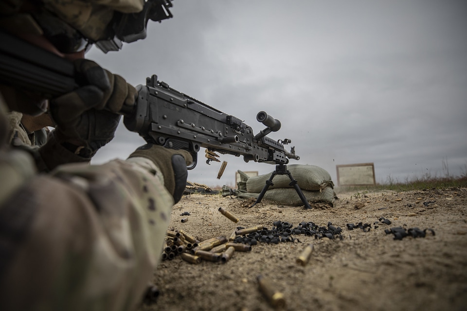 M249 light machine gun with 7.62 mm cartridge belt