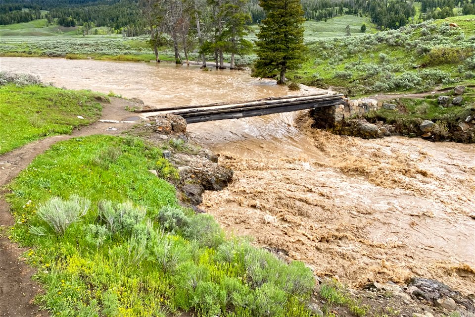 Yellowstone flood event 2022: Lamar River and footbridge at highwater