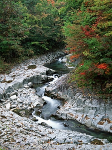 mountain river and hiking trail in sun