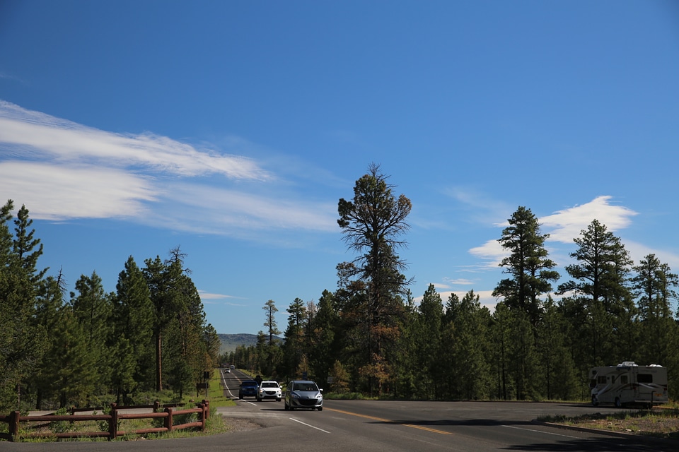 Motorhome on the road to Bryce canyon, modern trailer
