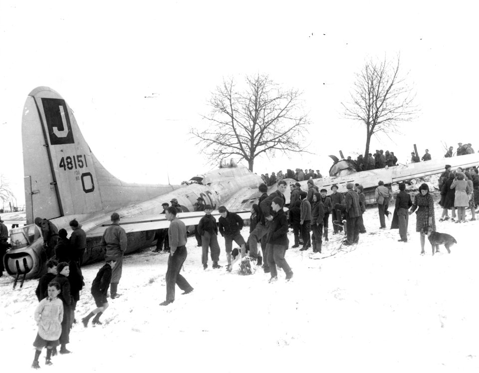 SC 199029-S - A B-17 bomber that crashed near Steinbourg, France. All the crew bailed out, but the pilot rode it in, receiving minor cuts. As far as could be determined, the plane developed engine trouble. 20 January, 1945.
