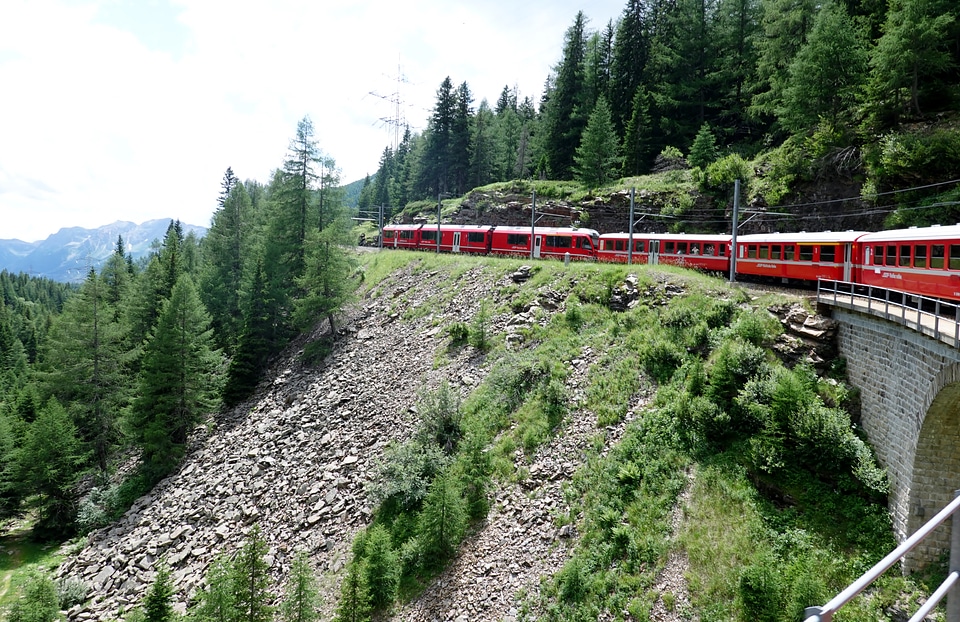 Swiss mountain train Bernina Express crossed Alps