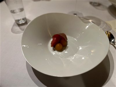 Plum Sorbet, Peaches in Black Tea, Okinawa Brown Sugar Tuille photo