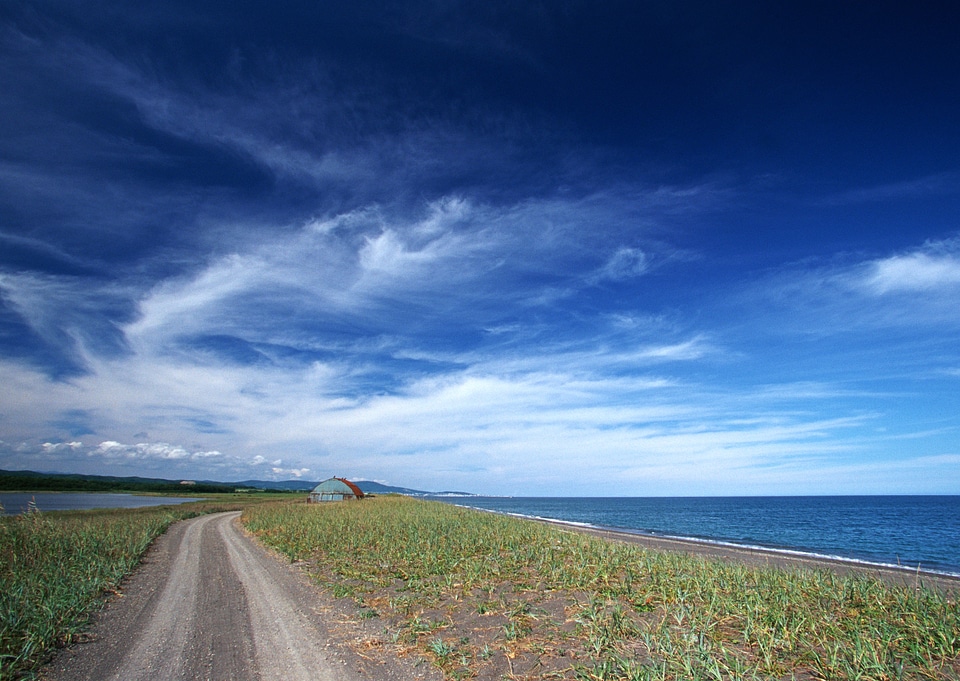 Lane in meadow and deep blue sky