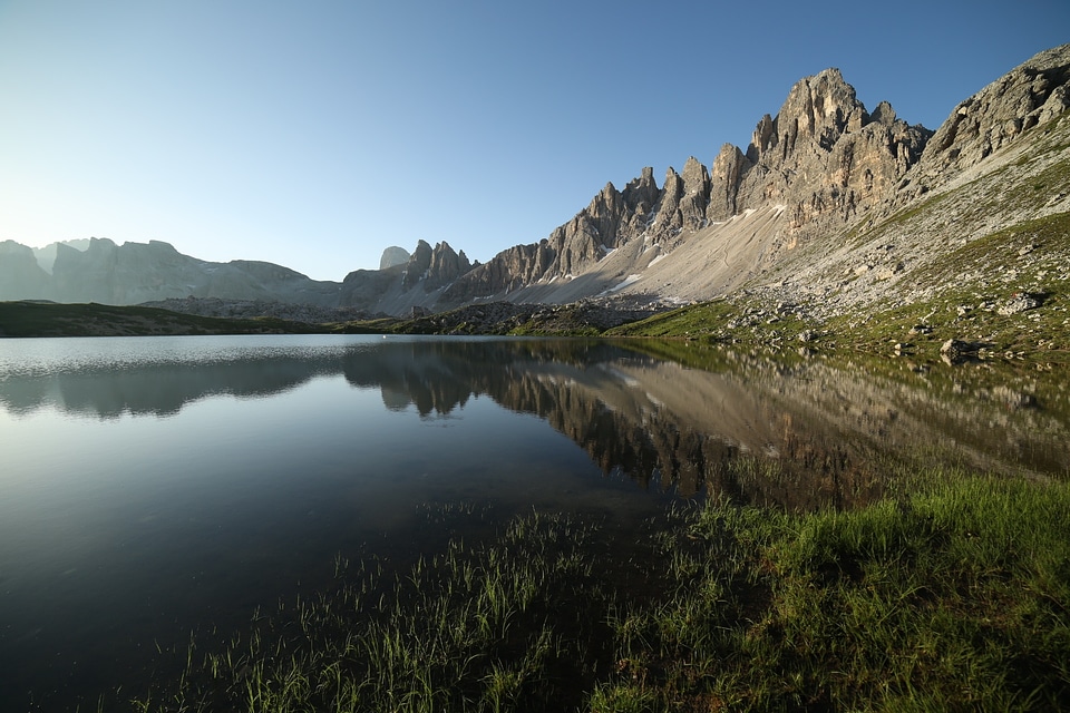 Lake Gflierer Weiher with mount Schlern at sunset