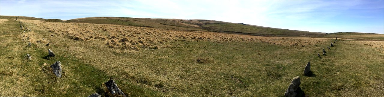Drizzlecombe ( Thrushelcombe ), Ditsworthy Warren House ( Narracott Farmhouse in Warhorse ), Dartmoor National Park, Devon, UK. 16th April 2022 (Apple Ipod Panoramic Photo)