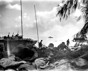 Dug in on the beach: Shallow foxholes dug and communications set up, (black rods in the foreground are antennas for portable radios), and the first wave of Marines to hit the beach at Saipan are there to stay.