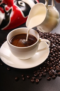 Coffee beans and coffee cup.add cream photo