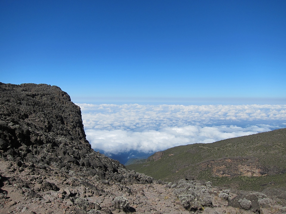 Kilimanjaro mountain Tanzania snow capped under cloudy blue skies