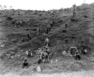 SC 348664 - Men of the 9th Inf. Regt. advance up Hill 201. 18 September, 1950. photo