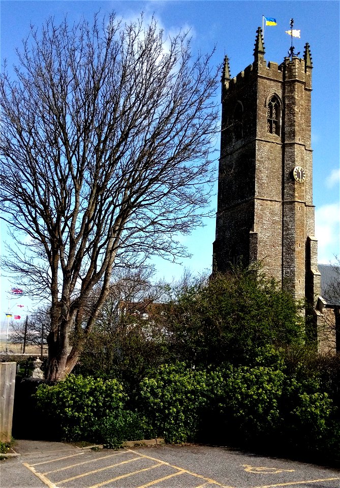 IMG_20220407_113100 The Church of St Margaret of Antioch, Flagpole Flags( support for Ukraine, Merchant Navy, England, Union Jack ), Bone Hill, Northam, Westward Ho!, Devon, UK - 7th April 2022
