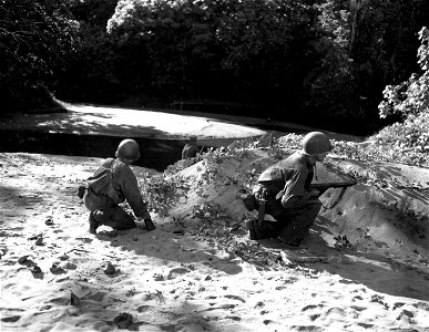 Members of I Co., 1st Inf. Regt., 6th Div., on lookout at River [illegible]. photo