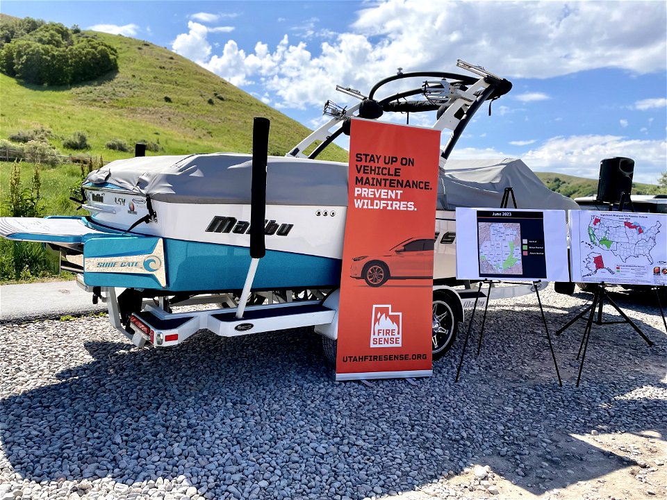 Boat on trailer with Fire Sense banner