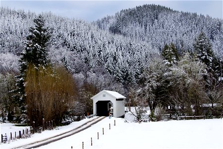 Nelson Mountain covered bridge in snow, Oregon