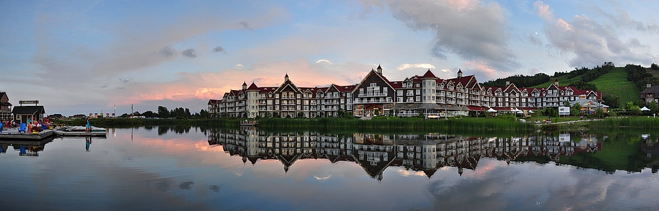Mill pond with fountain in summer at Blue Mountain Village