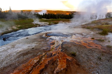 Sunrise over South Scallooped Spring and Firehole River