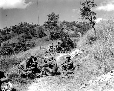 SC 364511 - H Co., 2nd Bn., 127th Inf., 32nd Div. firing 82mm mortar on Jap positions along the Vila Verde Trail. 3 March, 1945. photo