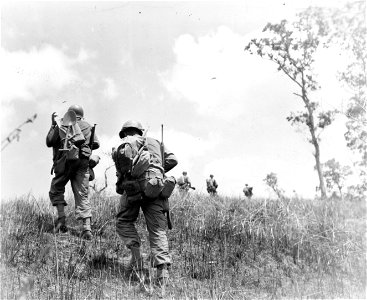 SC 270699 - Infantrymen of I Co., 20th Inf., 6th Div., advance up the side of a hill on the Kebayashi Line near Manila, Luzon, P.I. 14 March, 1945. photo