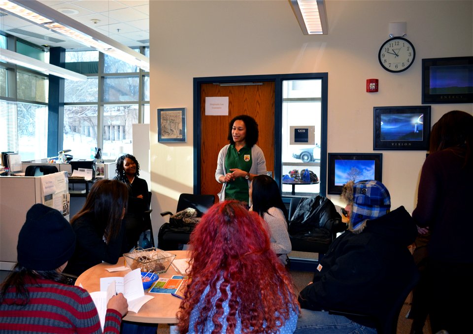 Equal Employment Specialist, Mandy Wise, talks with students at Gordon Parks High School in St. Paul about the Service and employment opportunities.
