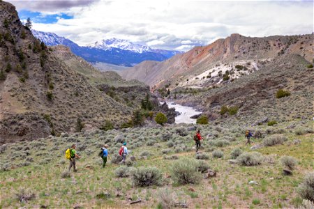 Hikers and views of the Black Canyon of the Yellowstone River photo
