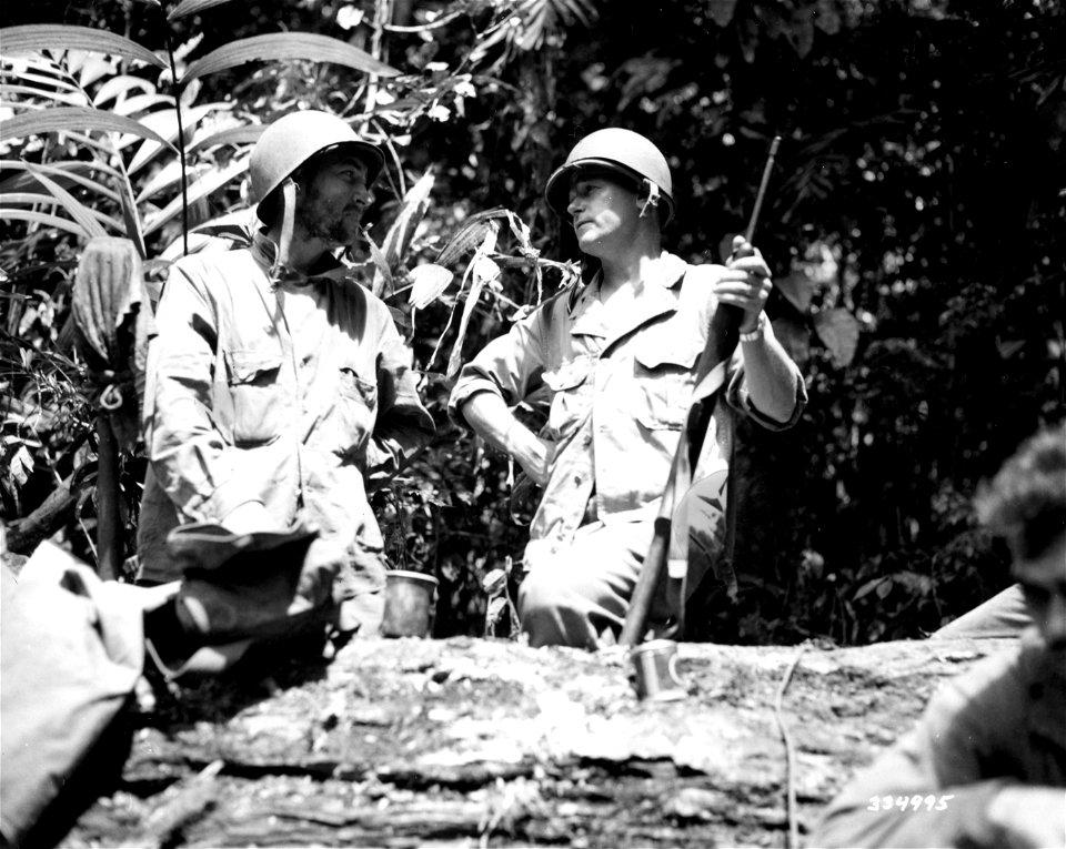 SC 334995 - Capt. Cecil Bayless, CO of M Company mortar, 3rd Battalion, 27th Infantry, left, and Gen. J. Lawton Collins, CG of the 25th Division...