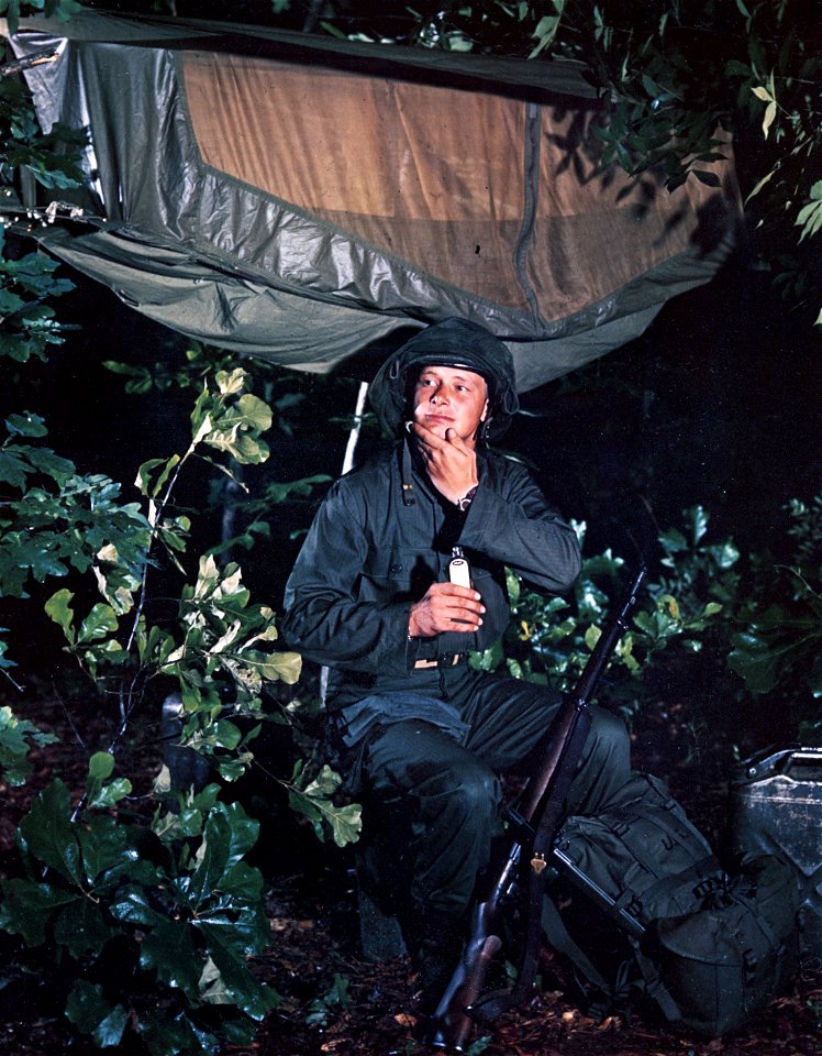 C-5265 - S/Sgt. Hollis Van Hook, Spokane, Wash., rubs insect repellent on his skin for protection while sleeping.