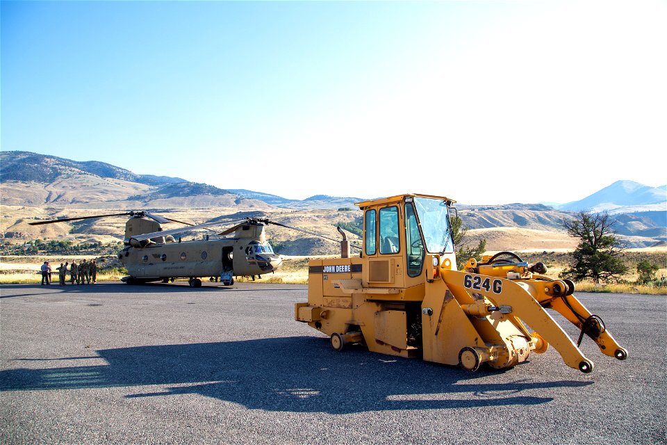 Yellowstone Flood Recovery: Loader removal from North Entrance Road in Gardner Canyon by the Montana Army National Guard