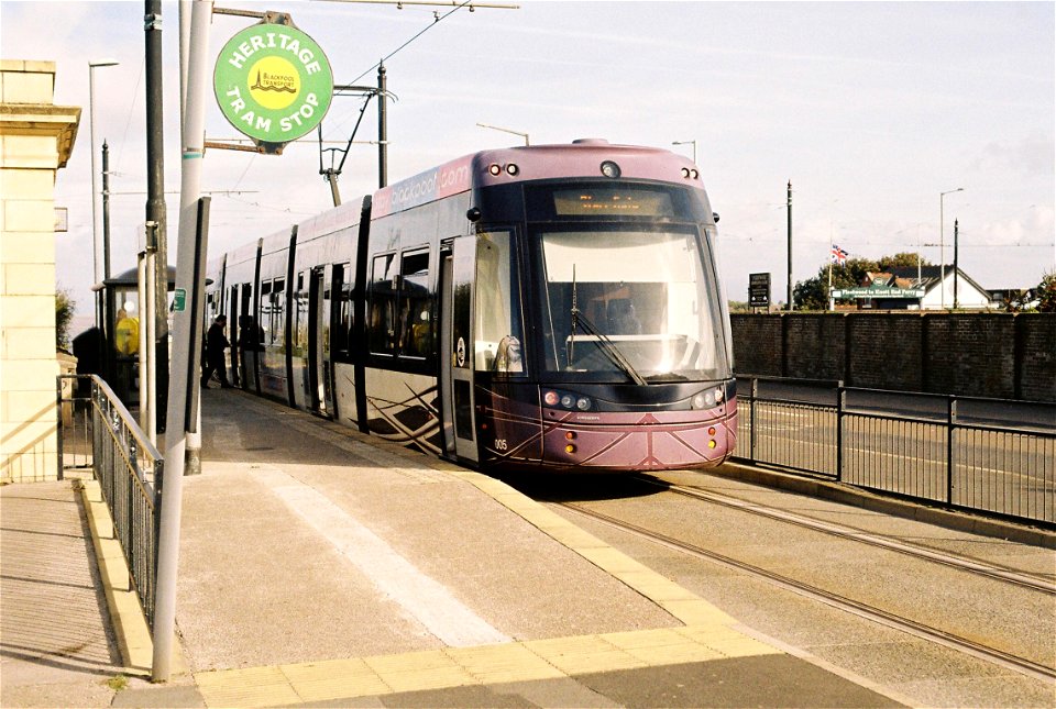 Modern Flexity 2 Blackpool tram at Fleetwood Ferry terminus