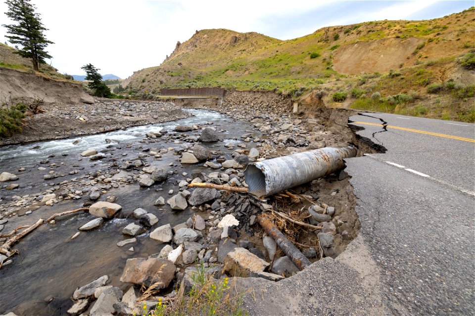 Yellowstone flood event 2022: Road washout upriver from Rescue Treek Trailhead August 2, 2022
