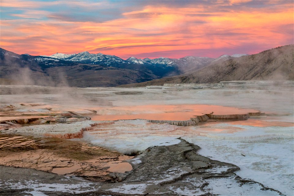 Sunset over travertine pools near Canary Springs