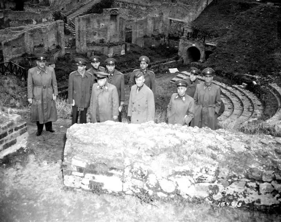 SC 184715 - Brazilian military delegation party views the amphitheatre in the ruins of Pompeii. 20 December, 1943.
