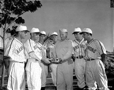 SC 151450 - Col. J. Stuart presents a baseball trophy to the Ft. Armstrong Baseball Team, Ft. Armstrong diamond.