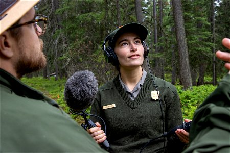 Rangers recording for Glacier's podcast, "Headwaters"