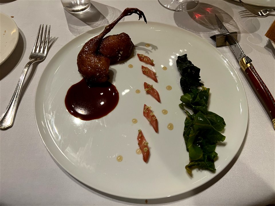 Brent Wolfe Quail, Rainbow Chard, Elderflower Honey, Strawberry Vinegar