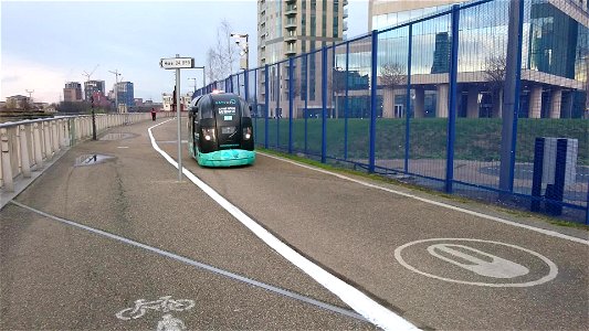 The Future. Driverless electric cars. They are being tested by The O2 Arena