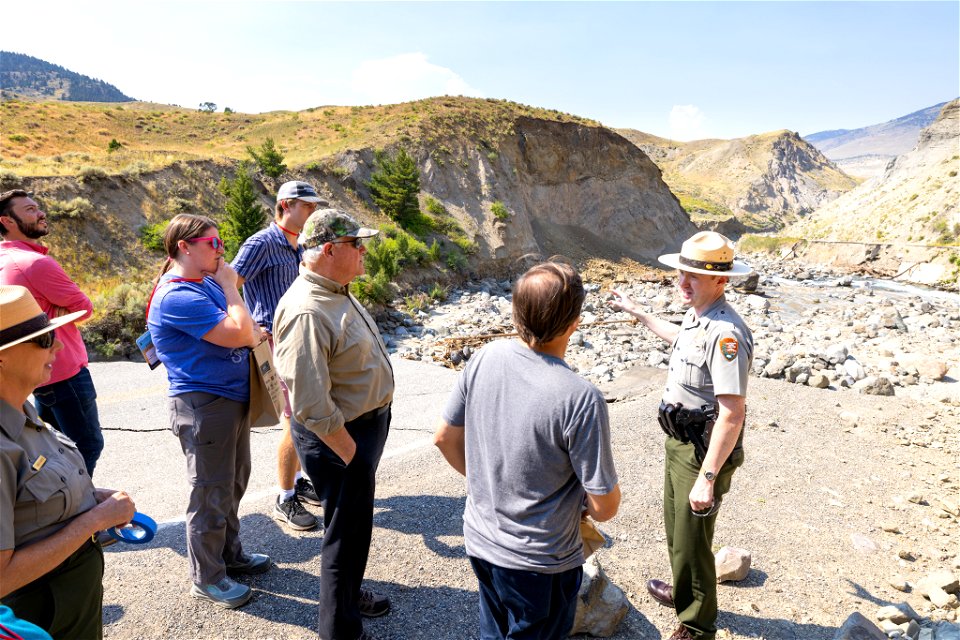 Congressional delegation visit August 19, 2022: Chief Ranger Chris Flesch speaking to the group in Gardner River Canyon